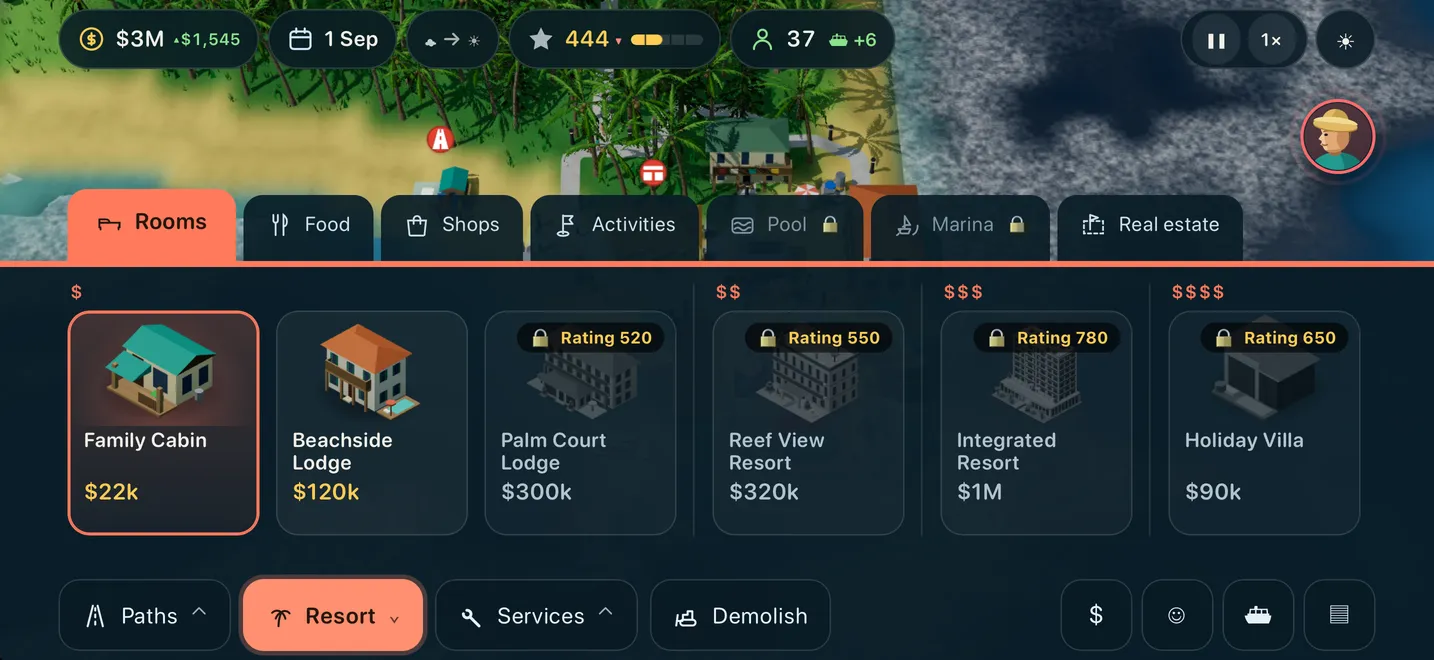 The build shelf showing rooms from a family cabin to an integrated resort