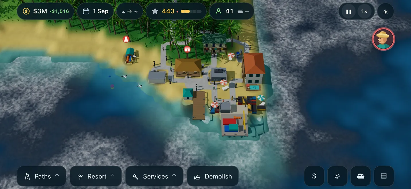 A small resort on a tropical beach, with lodges, a pool and a jetty, seen from above
